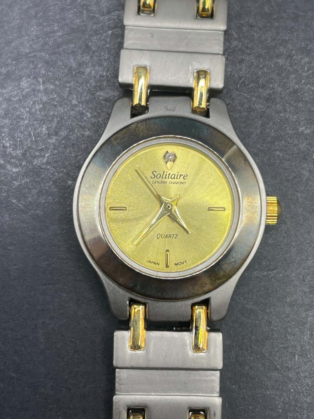 Solitaire Genuine Diamond Quartz Watch Two Tone Gold Silver Japan Movt 23MM